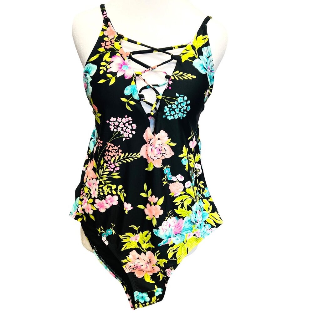 Lace-Up Front Floral One-Piece Swimsuit By Blu C Black Floral Multicolor Large